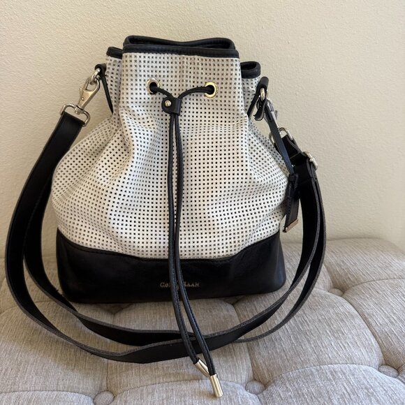 Cole Haan Perforated Bucket Bag - Black & White - Picture 1 of 8